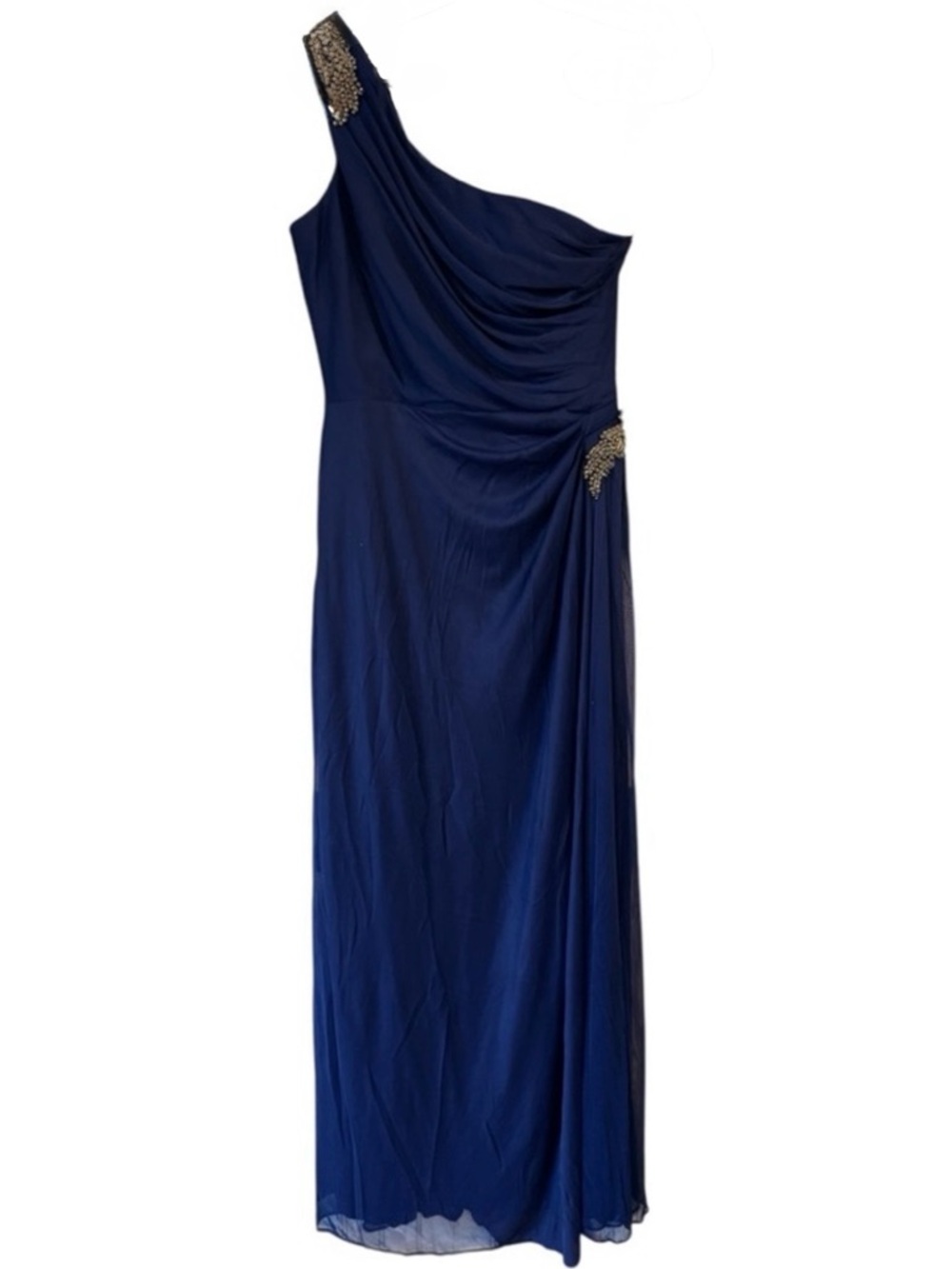 Alex Evenings Blue One-Shoulder Evening Gown with Beads and Rhinestone Accents
